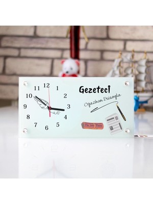 Şık Masa Üstü Cam Saat - Gazetecilere Özel Tasarım, Beyaz Renk