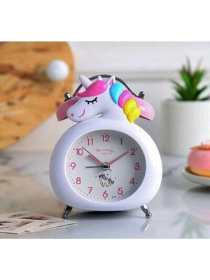 Işıklı Masa Saati, Çift Çanlı, Dekoratif, Unicorn Temalı, Beyaz, Alarmlı
