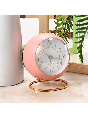 Yuvarlak Işıklı ve Alarmlı Masa Saati, Şık Pembe Tasarım