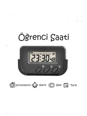 Dijital Öğrenci Saati, Alarmlı, Kronometreli, Şık ve Kullanışlı Siyah Tasarım