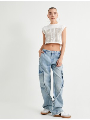 Koton Crop Kolsuz Tişört Baskılı Bisiklet Yaka Pamuklu