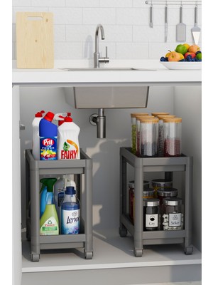 2'li Set  Tekerlekli Düzenleyici Raf Beyaz, Banyo Dolabı, Mutfak Tezgah ve Evye Altı Deterjanlık gr