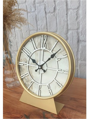 Şık Metal Kasalı Mermer Desenli Beyaz Masa Saati, Zarif ve Kullanışlı Tasarım