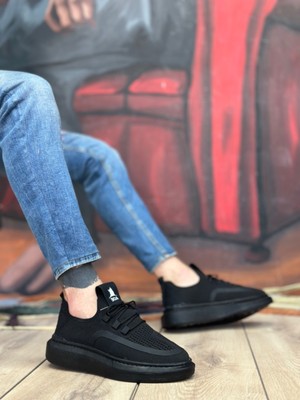 Pabucmarketi Bağcık Detaylı Triko Erkek Spor Ayakkabı Siyah (Siyah Taban)