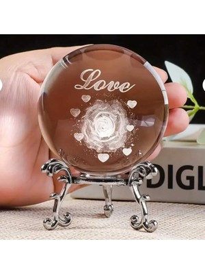 Dekoratif Metal Ayaklı Love Yazılı Kalp Desenli Kristal  Cam Küre 6cm