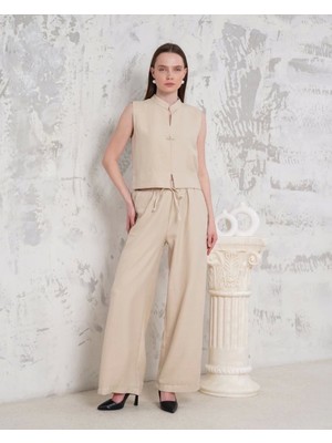 Zarif Kadın Broşlu Yelek Pantolon Takım Bej S255821