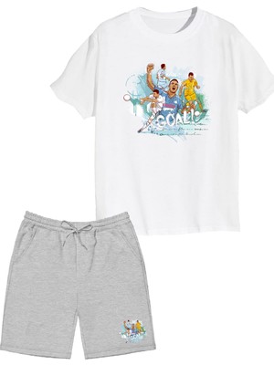 2'li Set Baskılı Erkek Çocuk Pamuk Şort Tshirt Takım Futbol 5 6 7 8 9 10 11 12 13 14 Yaş Tişört