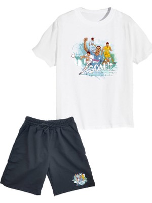 2'li Set Baskılı Erkek Çocuk Pamuk Şort Tshirt Takım Futbol 5 6 7 8 9 10 11 12 13 14 Yaş Tişört