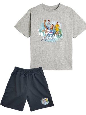 2'li Set Baskılı Erkek Çocuk Pamuk Şort Tshirt Takım Futbol 5 6 7 8 9 10 11 12 13 14 Yaş Tişört