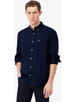 Regular Fit Düğmeli Yaka Keten Lacivert Erkek Gömlek
