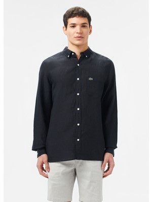 Siyah Keten Düğmeli Yaka Regular Fit Uzun Kollu Erkek Gömlek