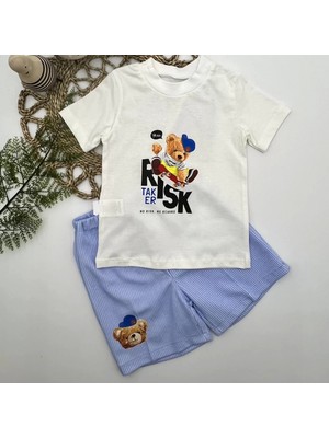 1-2-3 Yaş Kaykaycı Ayı Baskılı Şortlu Kısa Kollu Tişört 2li Erkek Bebek Takımı Ekru