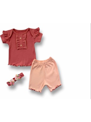 3-6 6-9 9-12 12-18 Ay Düğme Detaylı Bandanalı Kısa Kollu Sweat 3lü Kız Bebek Takımı Gül Kurusu