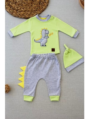 3-6 6-9 9-12 Ay Minik Dino Nakışlı Şapkalı Uzun Kollu Sweat 3lü Kız-Erkek Bebek Takımı Yeşil