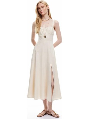 Koton Kalp Yaka Bej Midi Kadın Elbise 5SAK80330EW