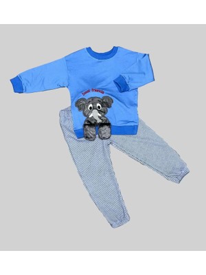 1-2-3 Yaş Filli Sallanan Ayak Desenli Likra Penye Kumaş Sweat Pantolonlu Kız Erkek 2li Çocuk Takımı Indigo
