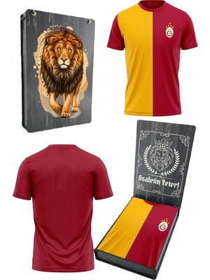 Galatasaray Orijinal Lisanslı 5 Yıldızlı Sarı Kırmızı Erkek T-Shirt Gs Aslan Baskılı Hediyelik Ahşap Kutulu