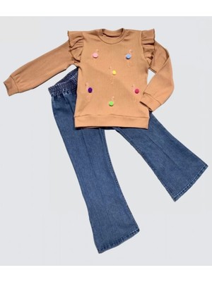4-5-6 Yaş Kot Pantolonlu Flamingo Desenli Penye Sweat Uzun Kollu 2li Kız Çocuk Takımı Kahverengi