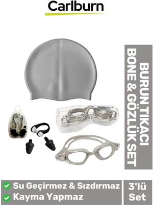Carlburn Su Geçirmez Silikon Havuz ve Deniz Seti, Yüzücü Şapka, Gözlük ve Burun Tıkacı