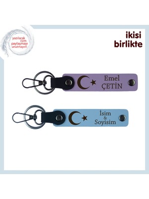 Miawiki Ay Yıldız Motifli Anahtarlık Seti – Kişiye Özel Yazılabilir Hediye Paketi, Mor-Gök Mavi