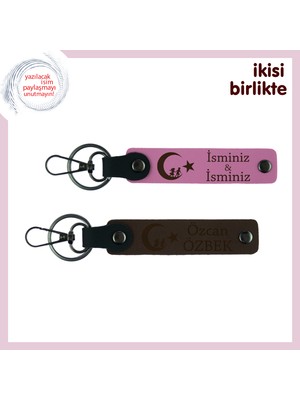 Miawiki Sevgiliye Çocuk ve Ayyıldız Temalı Armağan – Isim Yazılabilir Deri Anahtarlık Seti, Pembe-Kahve