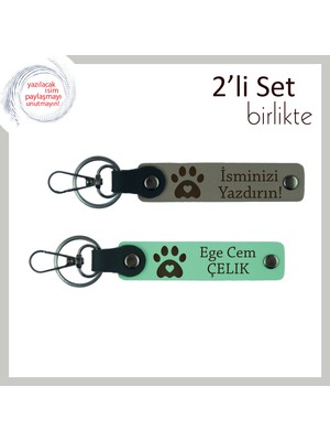 Miawiki Kedi Sever Kardeşe Ortak Anı Olarak, Kalpli Pati Temalı Deri Anahtarlık Takımı, Kül Gri-Açık Yeşil