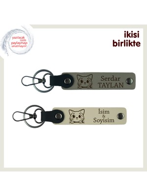 Miawiki Sevgililer Günü Için Kedi Temalı Özel Hediye, Isimli Deri Anahtarlık Seti, Kül Gri-Sütlü Kahve