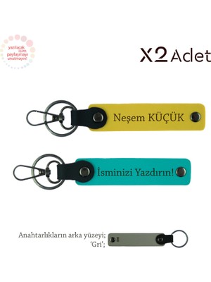 Miawiki Arkadaşa 14 Şubat Hediyesi, Isimli & Soyisimli 2’li Anahtarlık Seti, Koyu Turkuaz-Sarı-Gri