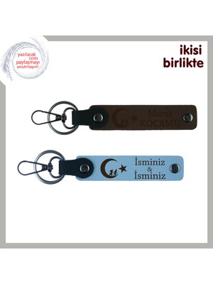 Miawiki Doğum Gününde Anlamlı Hediye – Çocuk ve Ayyıldız 2’li Deri Anahtarlık Seti, Koyu Kahve-Gök Mavi