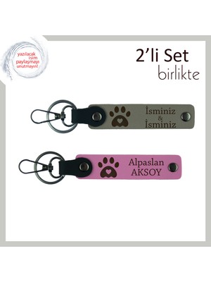 Miawiki Sevgilinizle Ortak Kullanıma Uygun, Kalpli Pati Motifli Deri Anahtarlık Takımı, Kül Gri-Pembe