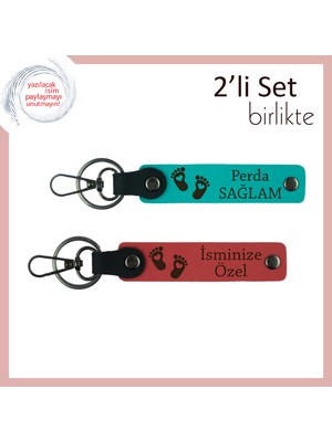 Miawiki Kız Bebeğe Sevimli Hatıra, Kalpli Ayak Figürlü Deri Anahtarlık Takım, Isim Yazılı, Koyu Turkuaz-Nar