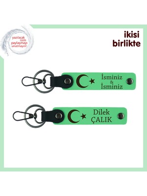 Miawiki Müdüre Kurumsal Hediye – Ay Yıldız Desenli, Isme Özel 2’li Anahtarlık Seti, Fıstık Yeşil-Yeşil