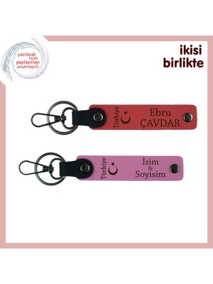 Miawiki Kardeşe Bir Hatıra – Ayyıldız ve Türkiye, Kişiye Özel Deri Anahtarlık 2' Li Set, Nar Çiçek-Pembe