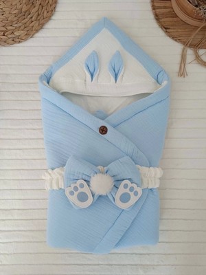 Hazego Yenidoğan 4 Kat Müslin Kumaş Kulaklı Patili Fiyonk Bebek Battaniyesi Kundak Mavi