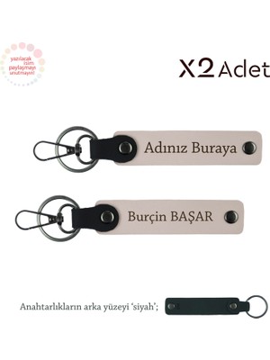 Miawiki Çiftlere 14 Şubat Hediyesi, Isim & Soyisim Yazılı 2’li Anahtarlık Seti, Pudra-Siyah