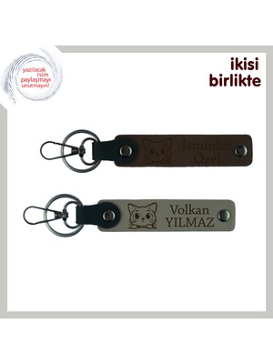 Kediyle Geçen Sessiz Sabahlar Için Hediye, Deri Anahtarlık Takımı, Koyu Kahve-Kül Gri