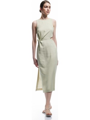 Koton Pencere Detaylı Kolsuz Bisiklet Yaka Drepeli Viskon Keten Karışımlı Elbise