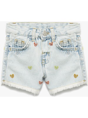 Koton Pamuklu Kesik Paça Kalp Işlemeli Mini Denim Şort