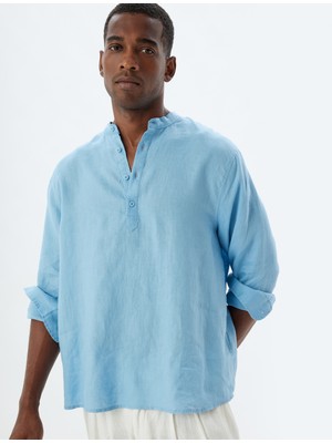 Koton Yakasız Keten Gömlek Uzun Kollu Düğme Detaylı