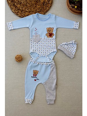 3-6 9-12 12-18 Ay Romantik Ayıcık Nakışlı Şapkalı Uzun Kollu Zıbınlı 3lü Kız-Erkek Bebek Takımı Mavi