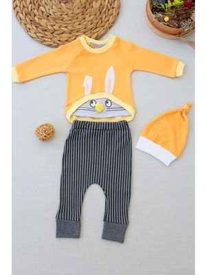 3-6 6-9 9-12 Ay Şımarık Tavşan Nakışlı Şapkalı Uzun Kollu Sweat 3lü Kız-Erkek Bebek Takımı Turuncu