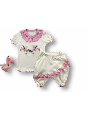6-9 9-12 12-18 Ay Çiçek Nakışlı Roman Şalvar Bandanalı Kısa Kollu Sweat 3lü Kız Bebek Takımı Pembe