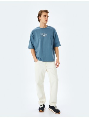 Koton Pamuklu Tok Kumaş Kısa Kollu Bisiklet Yaka Slogan Baskılı Oversize Tişört