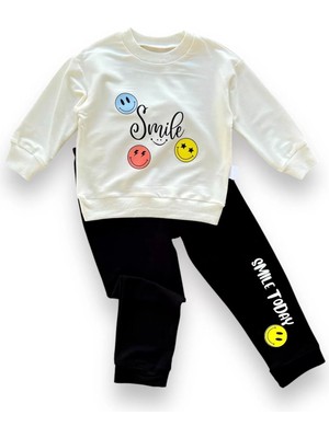 6-9-12-18 Ay Emoje Baskılı Pamuk Penye Kumaş Erkek Bebek Takımı Siyah