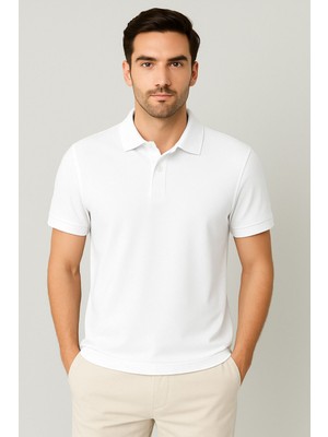 Parshey %100 Pamuk Yarım Kollu Polo Yaka Basic T-Shirt Erkek Günlük Tarz Beyaz