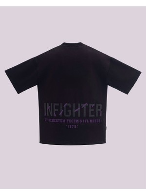 İnfighter Erkek Kısa Kol Leather Applique Oversize Siyah Tişört