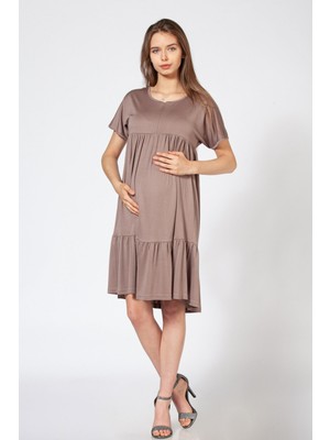 Busa Hamile Elbisesi Yaka Fermuarlı Etek Fırfırlı Kısa Kol Elbise Vizon