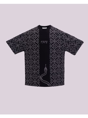 Erkek Kısa Kol Snake&ethnic Oversize Siyah Tişört
