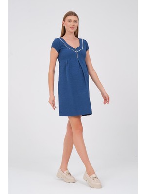 Busa Hamile V Yaka Midi Boy Kısa Kollu Elbise Lacivert