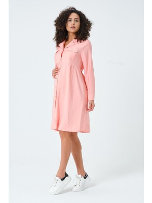 Busa Hamile Uzun Kollu Önden Düğmeli Cep Detaylı Midi Boy Elbise Somon